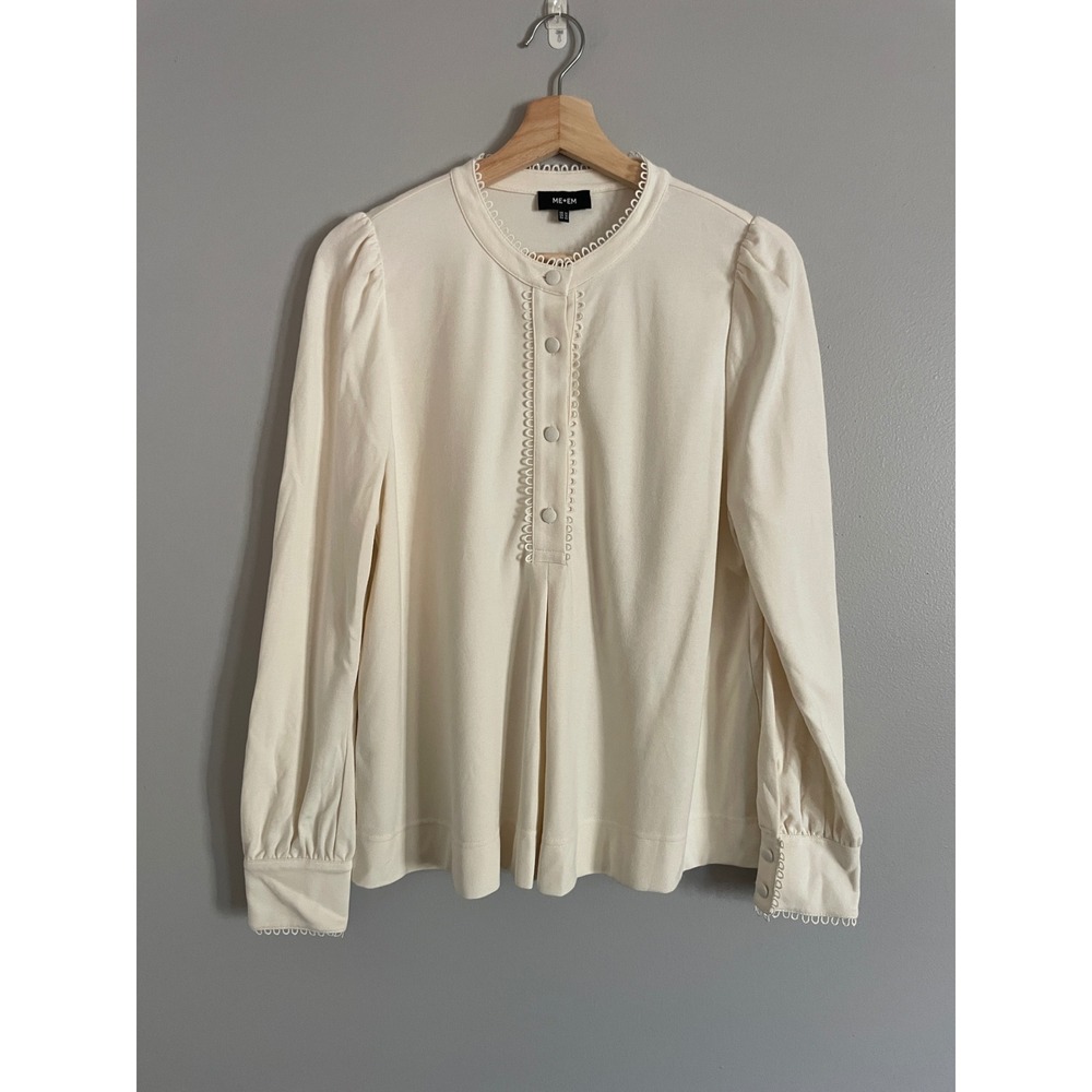 ME+EM Scallop Jersey Top Womens 10 Cream Puff Sleeve Button Front Minimalist
